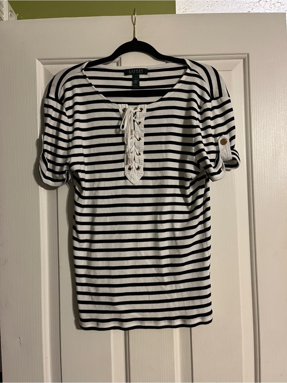 Ralph Lauren Black and White Striped Lace-Up Short Sleeve Tee size large